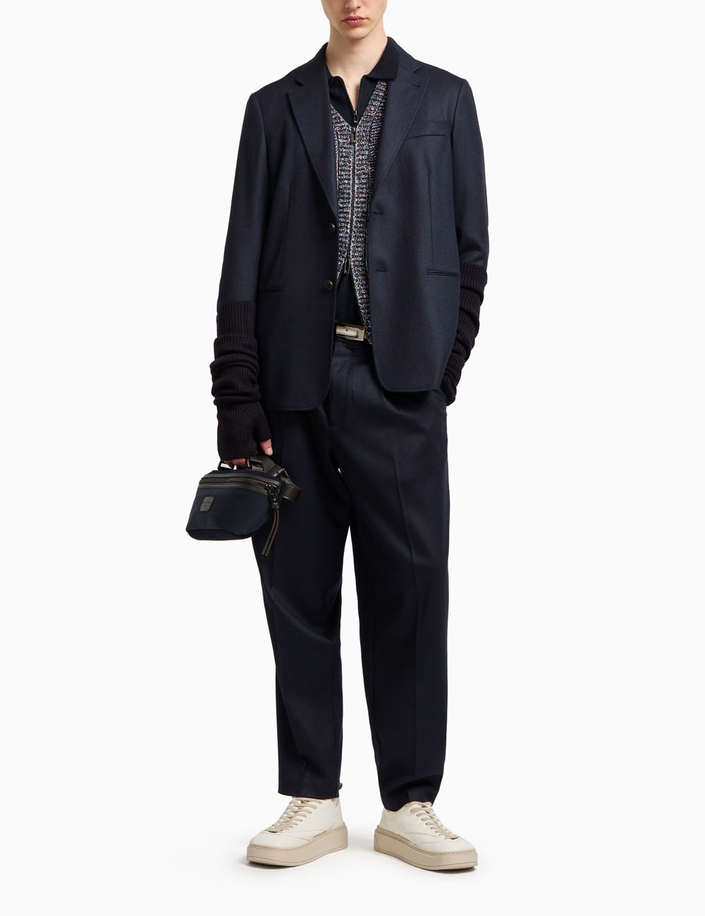 Polo-shirt collar jumper in pure virgin wool blue navy