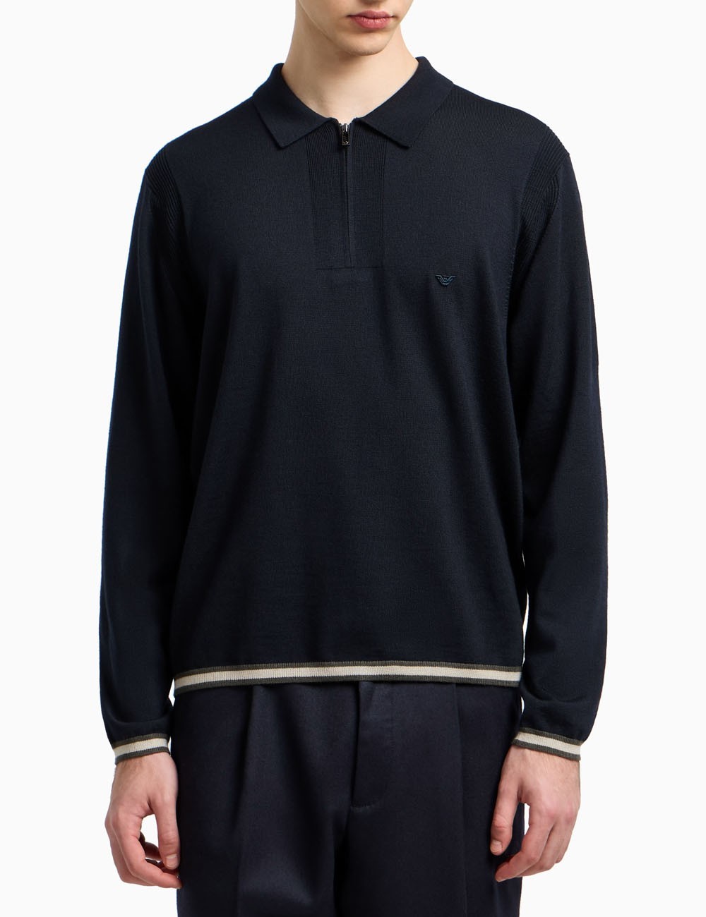 Polo-shirt collar jumper in pure virgin wool blue navy