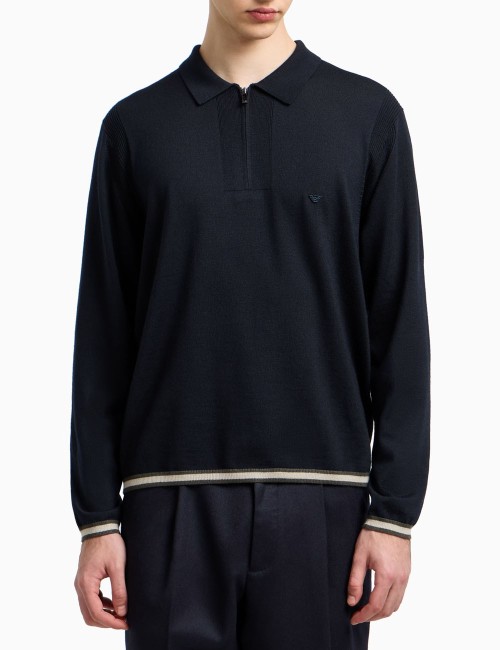 Polo-shirt collar jumper in pure virgin wool blue navy
