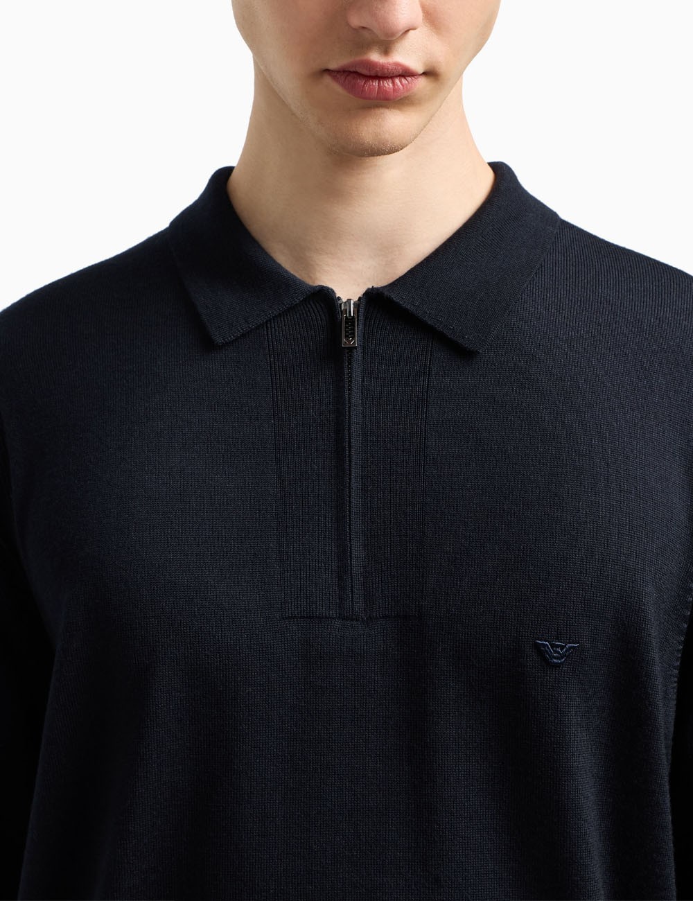 Polo-shirt collar jumper in pure virgin wool blue navy