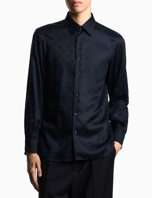 Camicia in lyocell jacquard con aquile all over blu