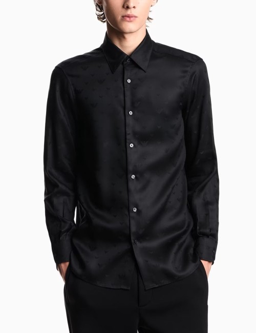 Camicia in lyocell jacquard con aquile all over nera