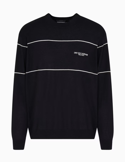 Virgin-wool jumper with jacquard logo blue