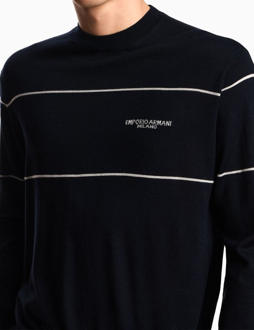 Virgin-wool jumper with jacquard logo blue