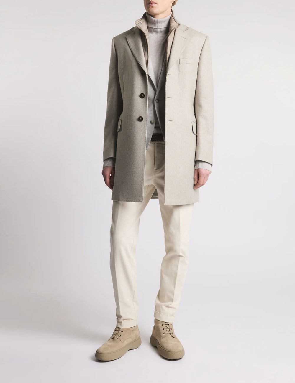 Double Coat in Wool and Cashmere Fabric Beige