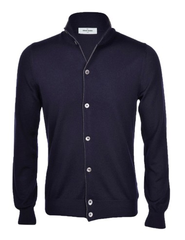 WOOL FULL BUTTON CARDIGAN BLUE NAVY GREY