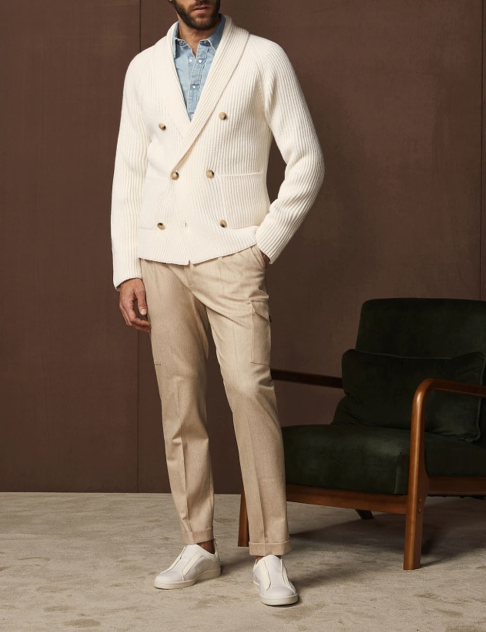 CARDIGAN DOPPIOPETTO A MAGLIA INGLESE BIANCO