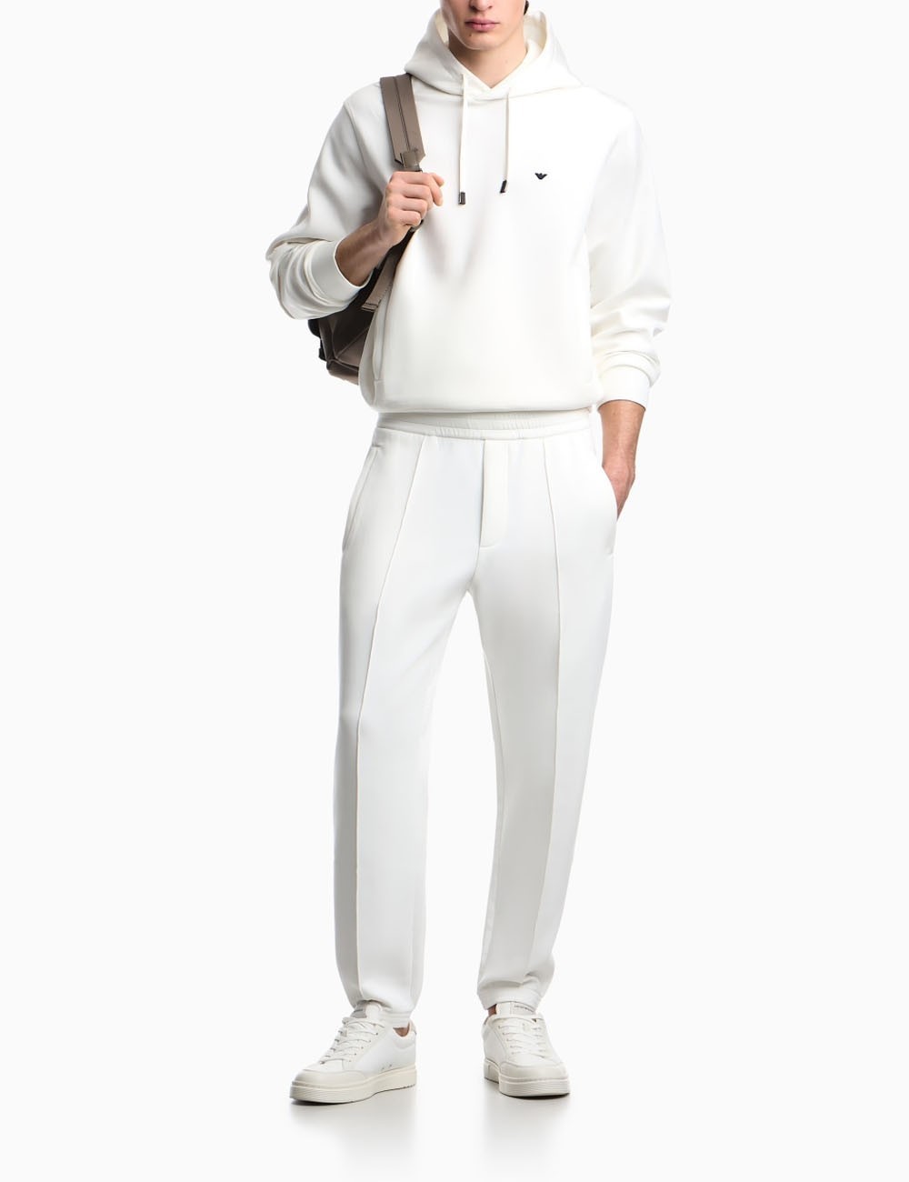 Felpa con cappuccio in double jersey ricamo micro aquila bianca