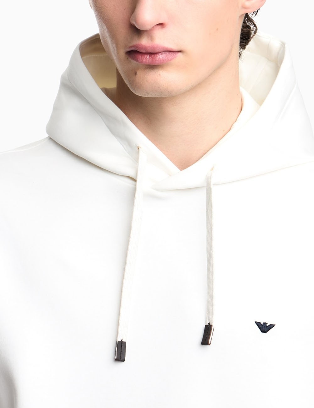 Double-jersey hooded sweatshirt with embroidered micro eagle logo white