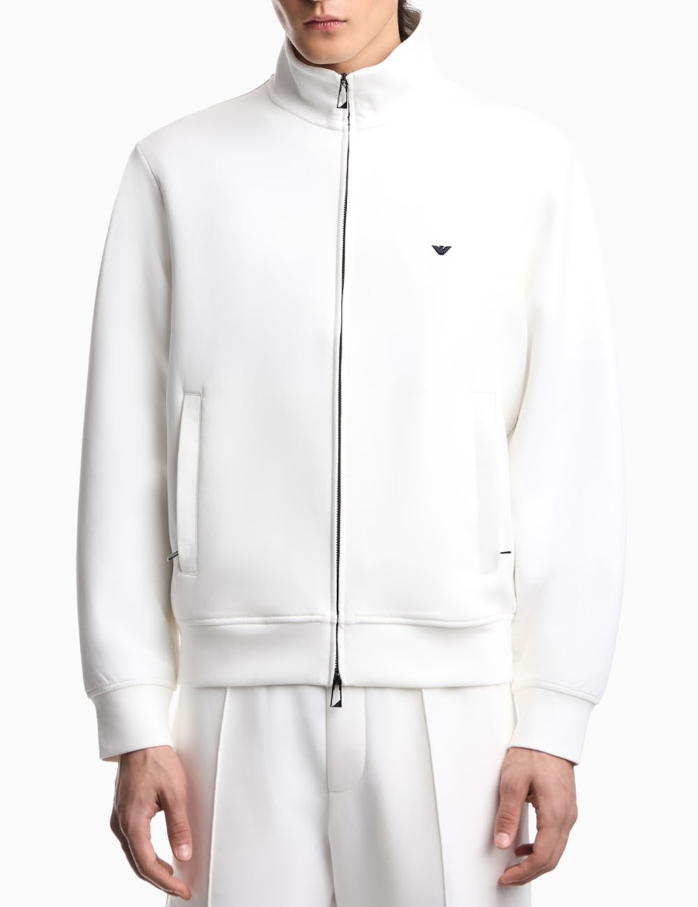 Felpa full zip in double jersey ricamo micro aquila bianca