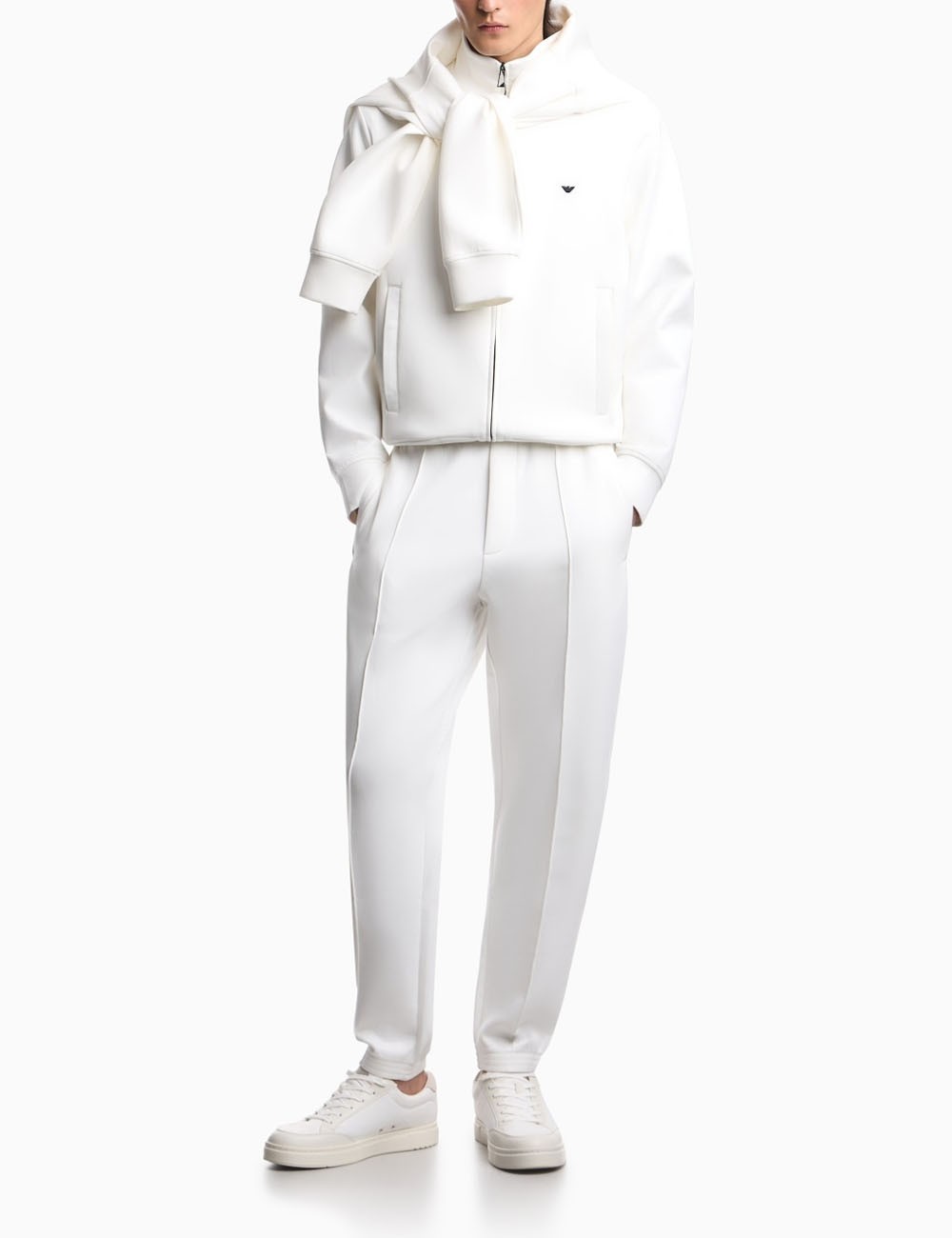 Felpa full zip in double jersey ricamo micro aquila bianca