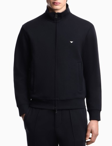 Felpa full zip in double jersey ricamo micro aquila blu navy