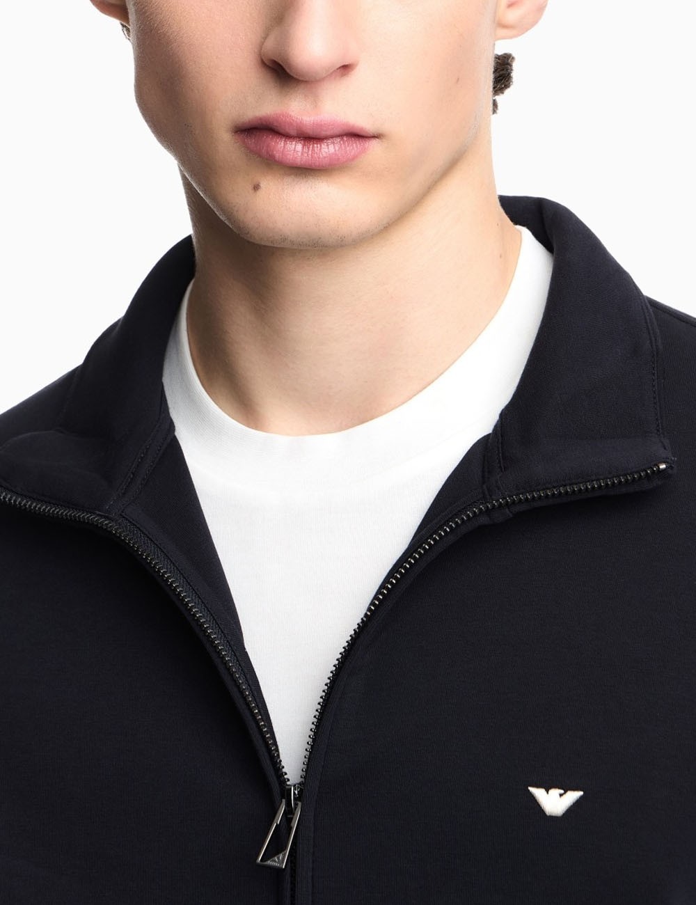 Full-zip sweatshirt in double jersey with micro eagle embroidery navy blue