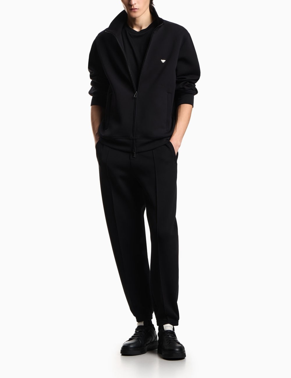 Felpa full zip in double jersey ricamo micro aquila nera