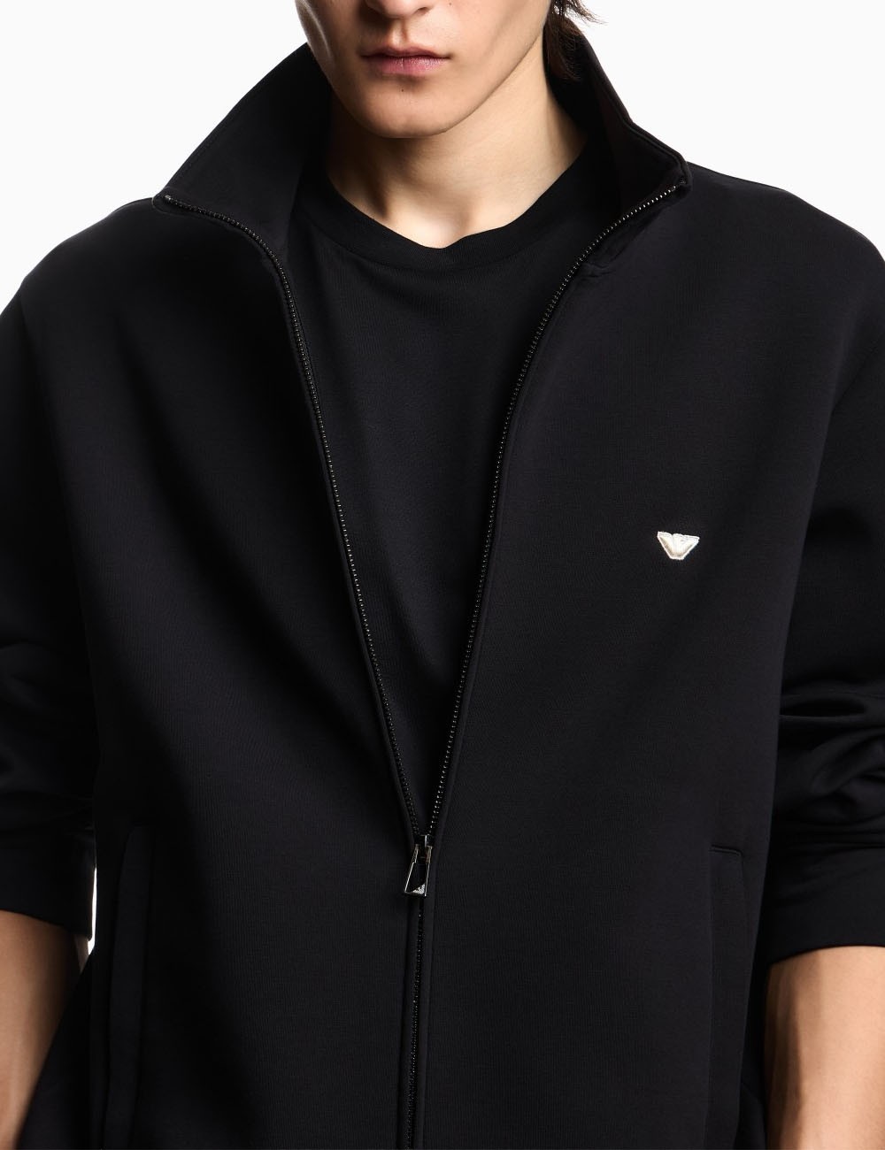 Felpa full zip in double jersey ricamo micro aquila nera