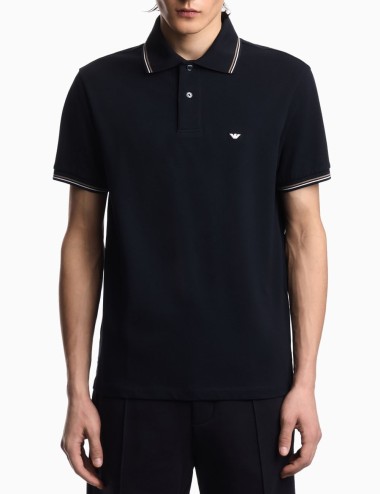 Slim-fit stretch piqué polo shirt with micro eagle navy blue