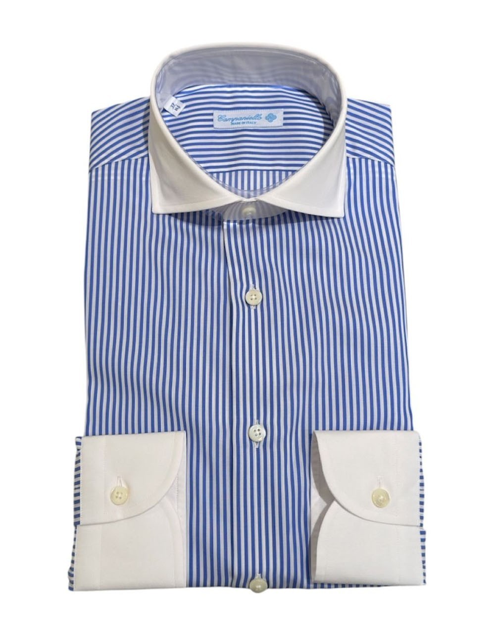 Camicia a righe azzurro collo polsini bianchi