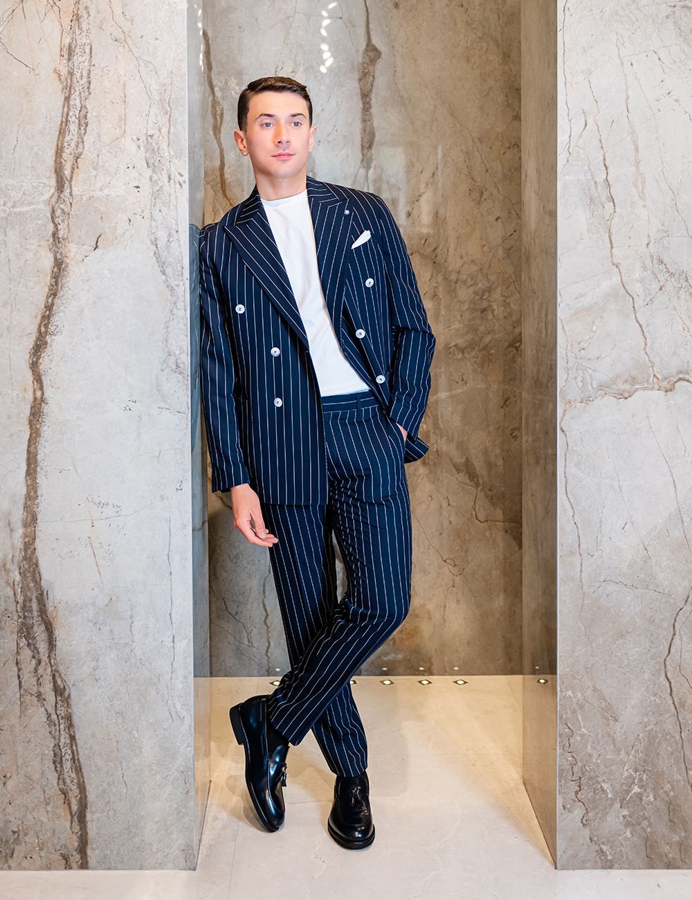 Abito doppiopetto gessato LIVENZA blu